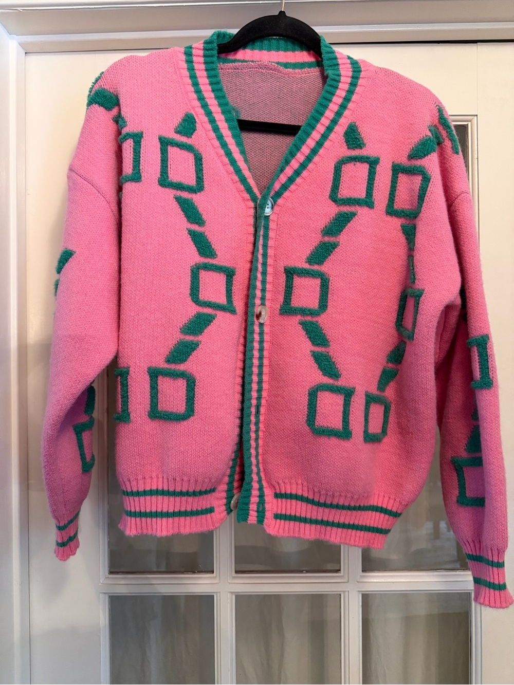 Unbranded XL Pink & Green Long-Sleeve Button-up Cardigan AKA Sorority Sweater